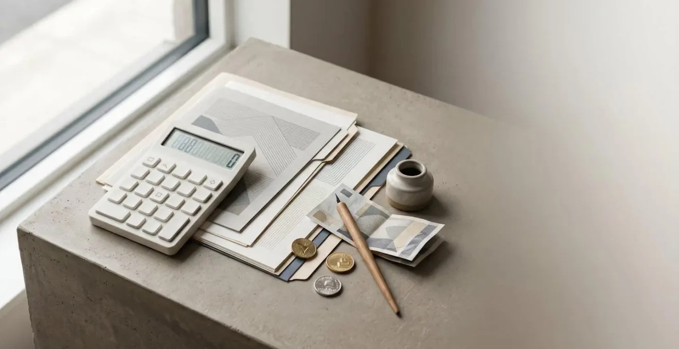 Composition symbolique évoquant le calcul des indemnités journalières avec éléments administratifs et financiers sur fond épuré