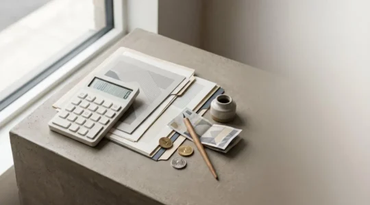 Composition symbolique évoquant le calcul des indemnités journalières avec éléments administratifs et financiers sur fond épuré