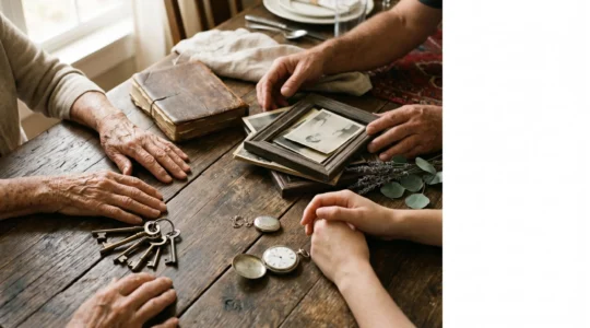 Une table familiale avec documents juridiques symbolisant la transmission du patrimoine entre générations