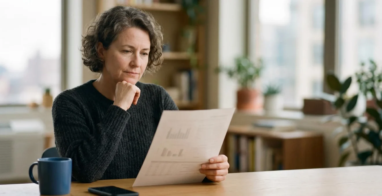 Investisseur analysant sereinement un graphique financier en baisse avec une perspective de long terme