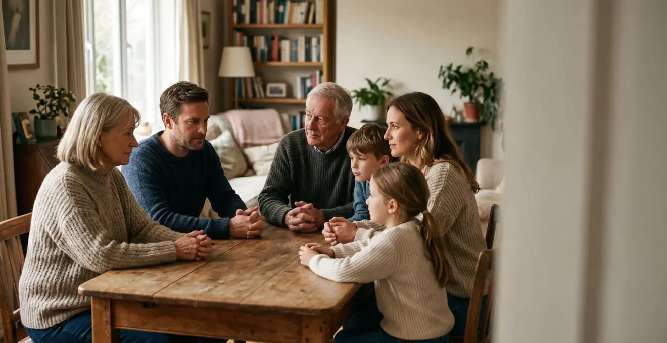 Famille multigénérationnelle réunie autour d'une table dans un cadre chaleureux discutant sereinement de transmission patrimoniale