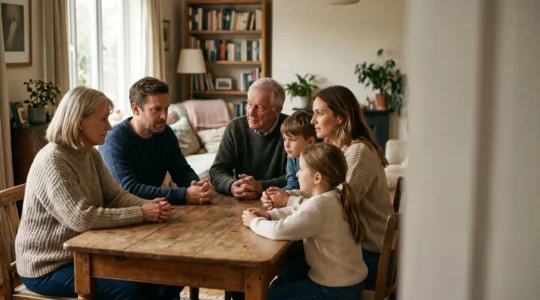 Famille multigénérationnelle réunie autour d'une table dans un cadre chaleureux discutant sereinement de transmission patrimoniale